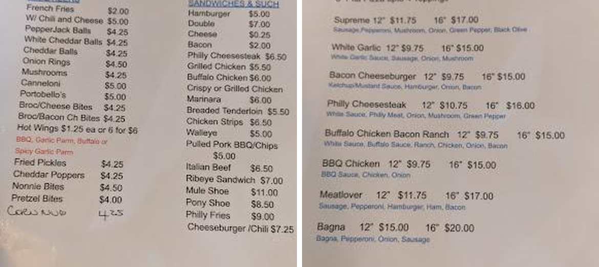 Higgys bar and grill Menu